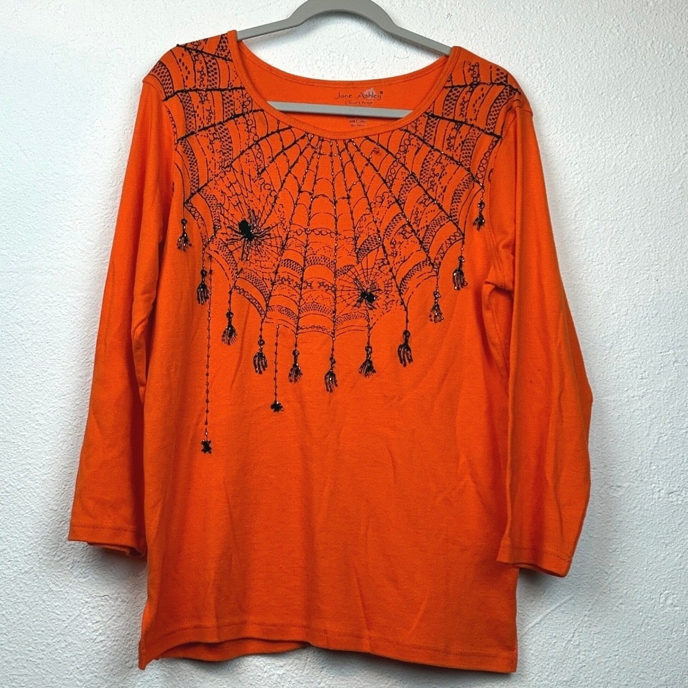 Jane Ashley Orange Spiderweb Top - XL - Beaded Halloween Spooky Goth Witchy